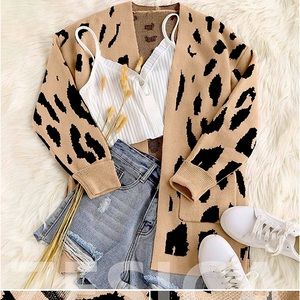 ZESICA Women's Long Sleeves Open Front Leopard Print Knitted Sweater Cardigan